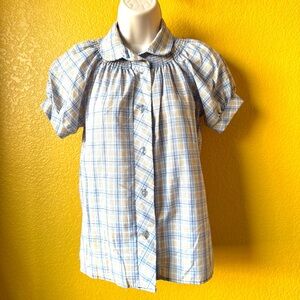Vintage 70s Peter Pan Collar Smock Button Cotton Blue Pastel Plaid Shirt